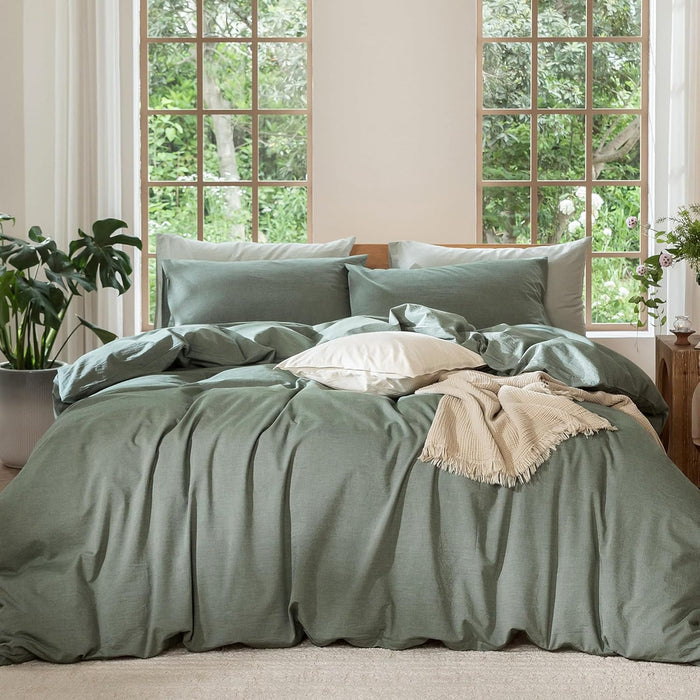 MooMee Bedding Duvet Cover Set 100% Washed Cotton Linen Like Textured Breathable Durable Soft Comfy (Heathered Green, Oversized Queen 98"x98")