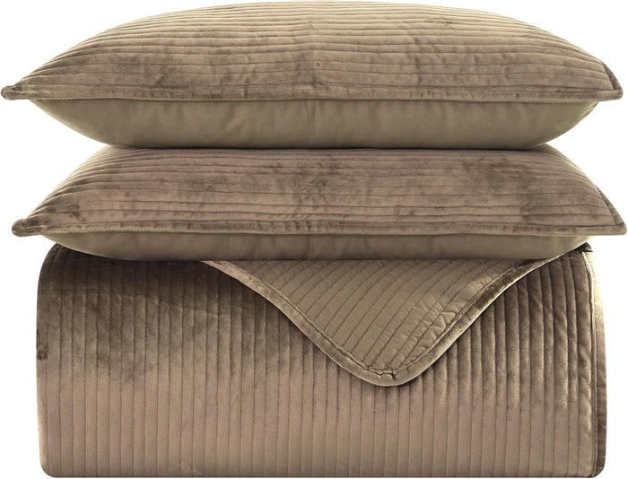 Elegant Comfort Luxury 3-Piece Velvet Corduroy Stripe Quilt Set, Ultra Soft Bedspread - Cozy Velvet Coverlet Set - 3PC Medium Weight Quilted Set with Matching Pillow Shams, Queen, Khaki
