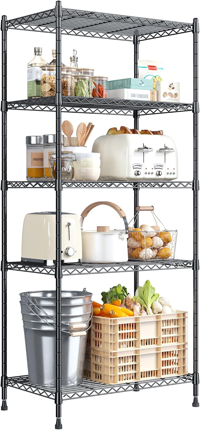 Storage Shelves Adjustable Metal Shelving Unit 5 Tier Wire Shelving,1010LBS Pantry Shelves Sturdy Steel Wire Shelf for Laundry Bathroom Kitchen Pantry, 13.6" D x 21.5" W x 59.4" H, 2PCS