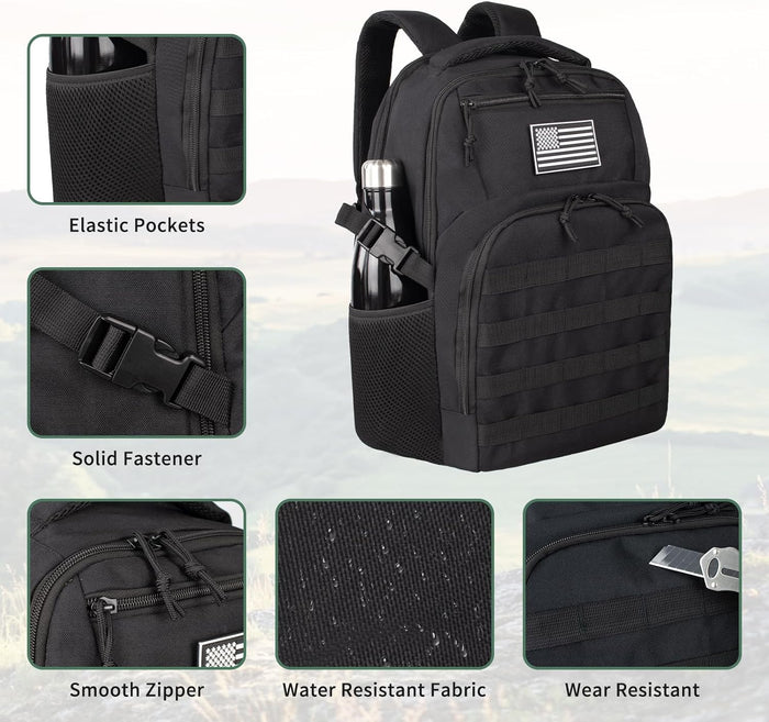Military Tactical Backpack for Travel Hiking,Black Backpack for Men with Bottle Holder, 30L Small Laptop Backpack for Work, Men's Assault Bag Back Pack
