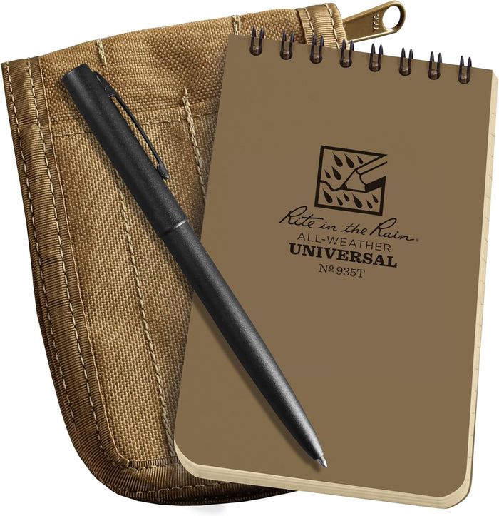 Rite in the Rain Weatherproof 3" x 5" Top Spiral Notebook Kit: Black CORDURA Fabric Cover, 3" x 5" Black Notebook, and Weatherproof Pen (No. 735B-KITL)