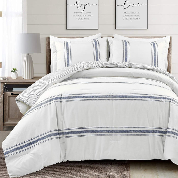 Lush Decor Farmhouse Stripe Reversible Cotton Comforter Set, 3 Piece Set, King, Red - Cozy F𝚊rmhouse Bedding Set - Rustic Decor - Striped Comforter - Modern Farmho𝚞se Bedroom Decor