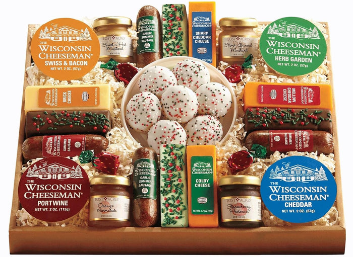 The Wisconsin Cheeseman 21 Favorites Food Gift Box with Assorted Summer Sausage Meats & Cheese Bricks w/Meat and Cheese Combo Featuring Italian, Original and Garlic Summer Sausage