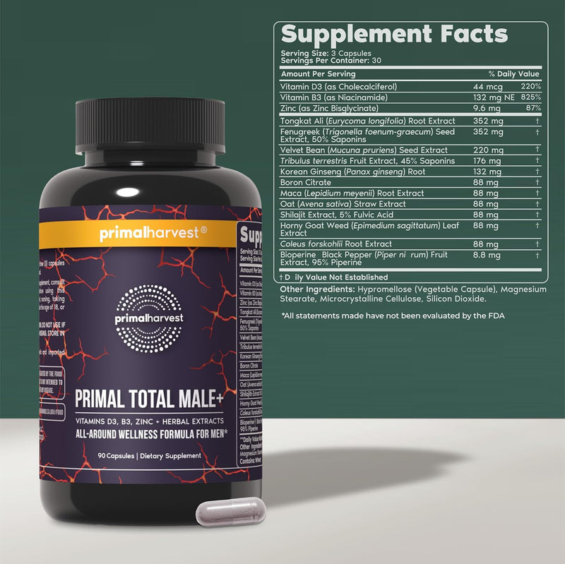 Primal Harvest Total Male+ Multivitamin for Men with Essential Vitamins, Minerals and Herbal Support for Energy, Vitality, Immune Health and Performance