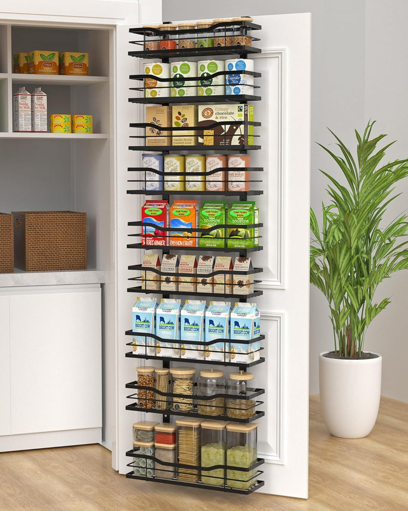9-Tier Over The Door Pantry Organizer, Metal Pantry Organizers and Storage with Adjustable Basket, Spice Rack Seasoning Shelves, Over the Door Organizer for Pantry Kitchen Laundry, White