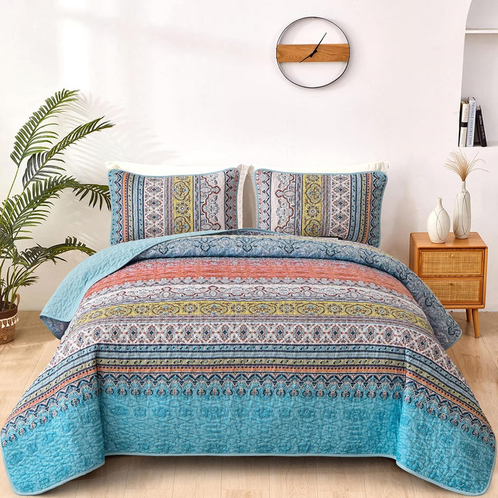 WONGS BEDDING Boho Fall Queen Quilt Set, Brown Bohemian Queen Quilt Bedding Set, Lightweight Microfiber Bed Decor Bedspread for All Season 96"x90"(3 Pieces)