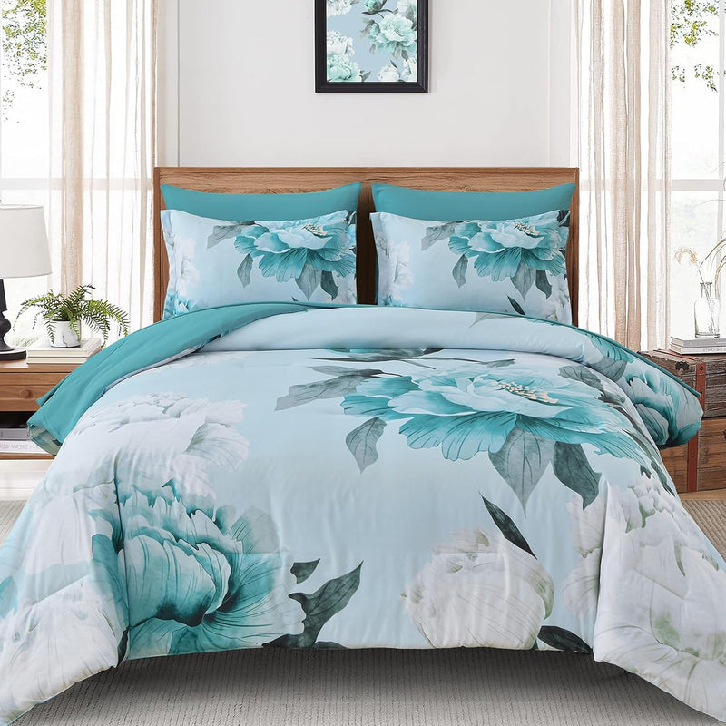 Dobuyly Pink and Grey Comforter Set Queen Size 7 Piece Bed in a Bag, Floral Printed on Gray Comforter Set with Sheets, Soft Microfiber Botanical Complete Bedding Set for All Season