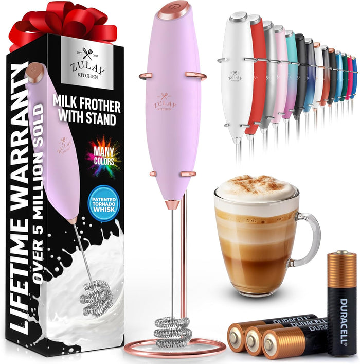 Zulay Kitchen Powerful Milk Frother Wand With 2 Duracell Batteries - Ultra Fast Handheld Drink Mixer - Electric Whisk Foam Maker for Coffee, Lattes, Cappuccino, Matcha, Hot Chocolate & Creamer - Black