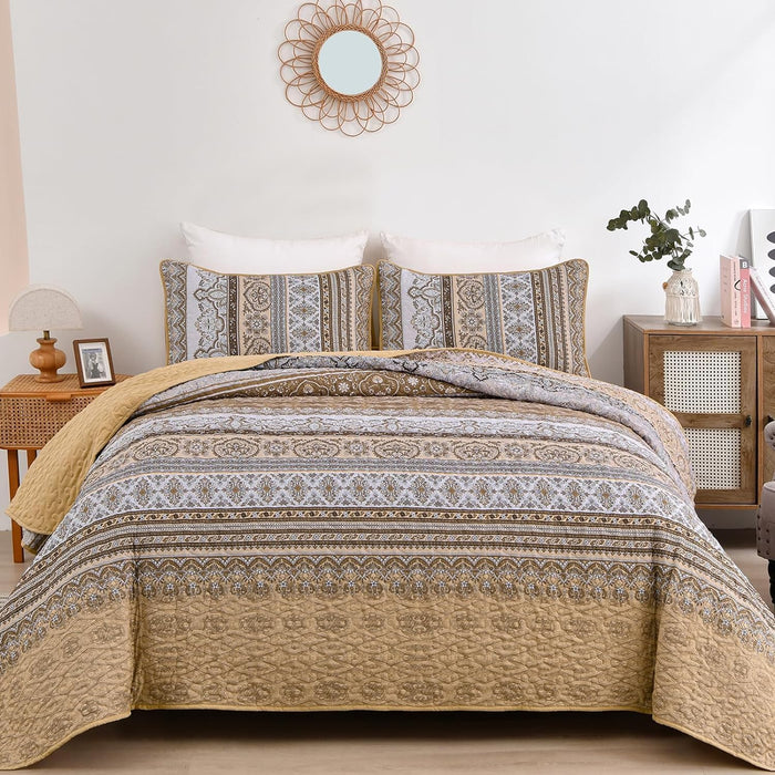 WONGS BEDDING Bohemian Quilt Set King Size, Boho Striped Printed Bedding Bedspread Coverlet Set for All Season, Lightweight Microfiber Quilts with 2 Pillowcases 104"x90" (3 Pieces, Colorful)