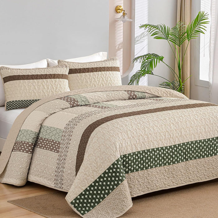 WONGS BEDDING Grey Quilt Queen Size, Bohemian Stripe Quilt Sets 3 Pieces Gray Boho Quilted Bedspread Set Lightweight Microfiber Coverlet Bedding Set All Season (96"x90")