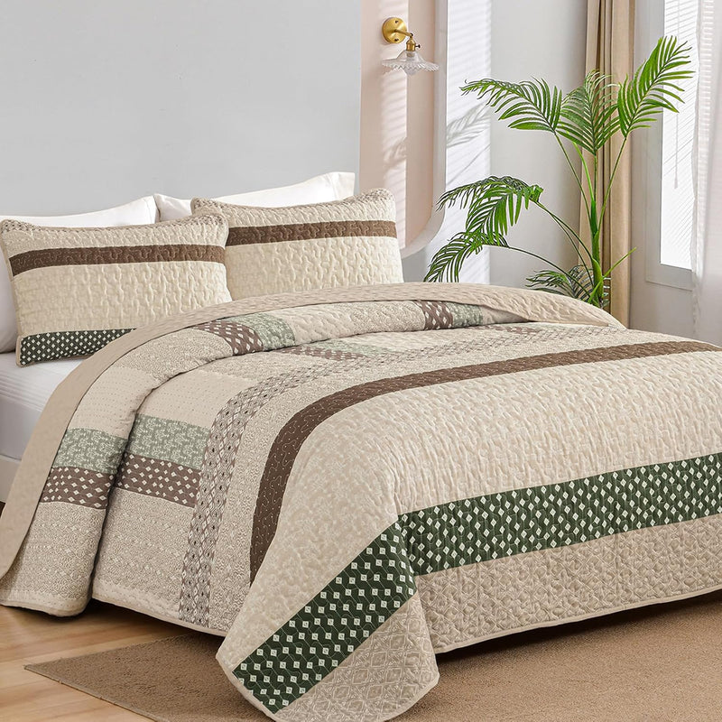 WONGS BEDDING Grey Quilt Queen Size, Bohemian Stripe Quilt Sets 3 Pieces Gray Boho Quilted Bedspread Set Lightweight Microfiber Coverlet Bedding Set All Season (96"x90")