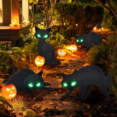 Lighted Black Cat Decor Yard Signs, 4 PCS Halloween Decorations Outdoor Scary Black Cat with LED Lights Glow Eyes for Lawn Garden Yard Stakes Outside Halloween Decoration Decor Clearance
