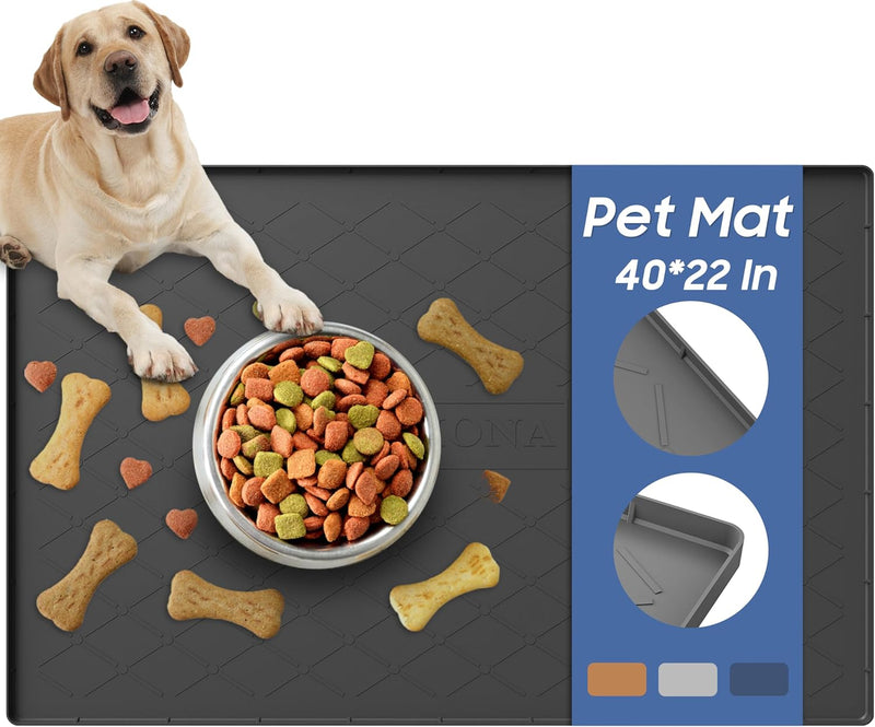 URMONA Large Dog Food Mat, 40" x 22" Waterproof Dog Cat Mat with Raised Edges, Silicone Pet Mat, Protects Floors, Easy to Clean