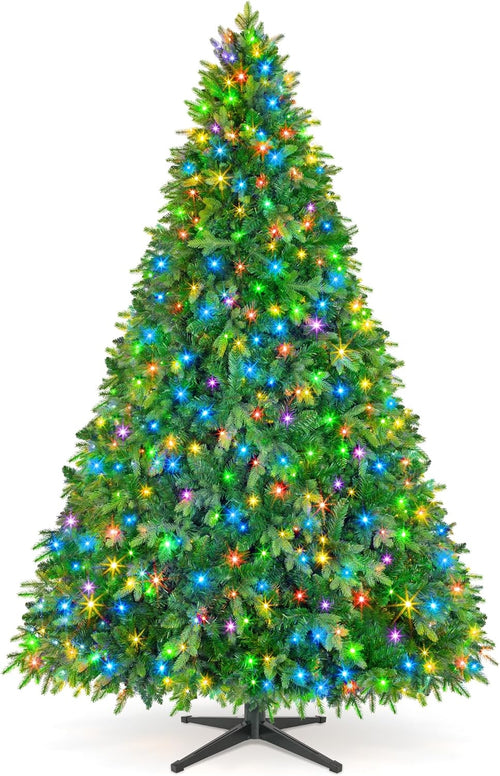 7.5FT Pre-Lit Christmas Tree with Remote Control, Multi-Color LED Lights, Musical Rotating Christmas Tree Stand, Easy Assembly in 3 Sections, Foldable Metal Stand for Home Holiday Decor
