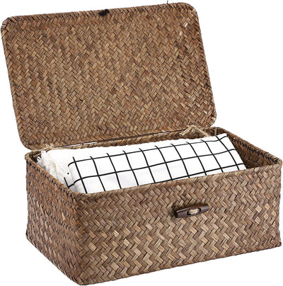 Hipiwe Wicker Shelf Baskets Bin with Lid, Handwoven Seagrass Basket Storage Bins Rectangular Household Basket Boxes for Shelf Wardrobe Home Organizer, Coffee Small