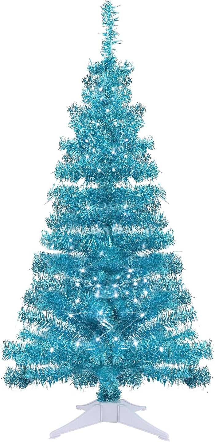 Juegoal 4 FT Pre-lit Artificial Christmas Tree, Lighted Tinsel Pencil Pine Spruce Trees with 70 Warm White LED Lights, 8 Lighting Mode & Timer for Xmas Holiday Party Decor (Pink)