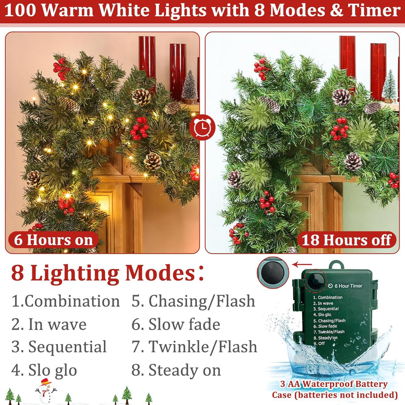 Super Long & Timer 8 Modes - 18 Ft by 10 Inch Prelit Outdoor Christmas Garland for Stair Porch Front Door Mantle, Battery Operated 100 Warm Lights Thick 460 Branch 15 Pinecone 165 Berry Cedar Garland