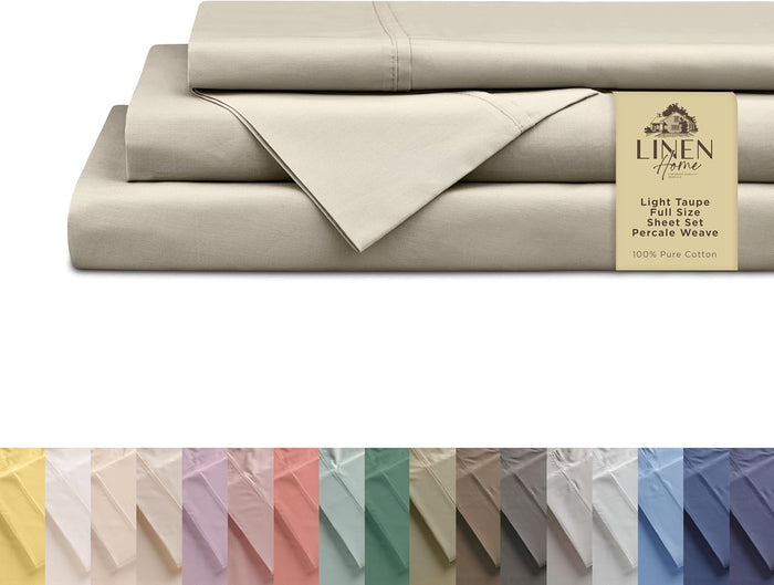 Linen Home 100% Cotton Percale Sheets Queen Size, Ivory, Deep Pocket, 4 Pieces Set - 1 Flat, 1 Deep Pocket Fitted Sheet and 2 Pillowcases, Crisp Cool and Strong Bed Linen