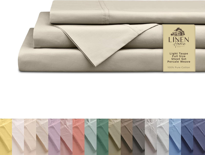 Linen Home 100% Cotton Percale Sheets Queen Size, Ivory, Deep Pocket, 4 Pieces Set - 1 Flat, 1 Deep Pocket Fitted Sheet and 2 Pillowcases, Crisp Cool and Strong Bed Linen