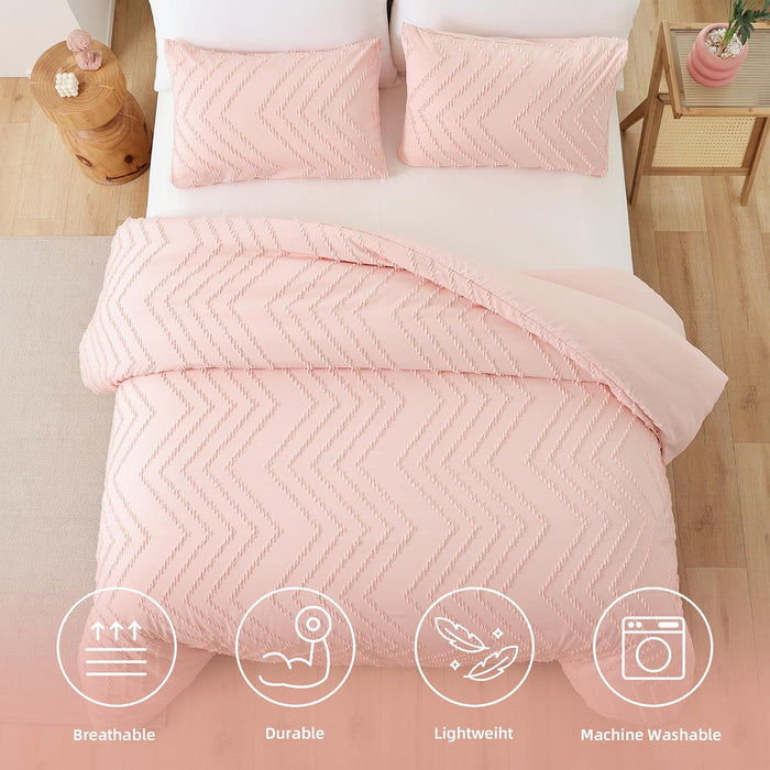 YIRDDEO Pink Queen Size Comforter Set 3Pcs - Boho Chevron Blush Farmhouse Bedding, Vertical Tufted Lightweight Neutral Bed Set (1 Comforter, 2 Pillowcases)