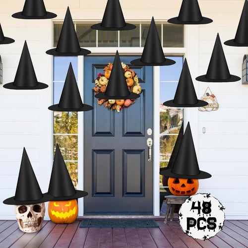 12 PCS Halloween Witch Hats, Black Hanging Witch Hat, Witch Costume Accessories Witches Hat with 328 FT Nylon Cord Wizard Hats Indoor Outdoor Halloween Decorations for Home Yard Porch Ceiling