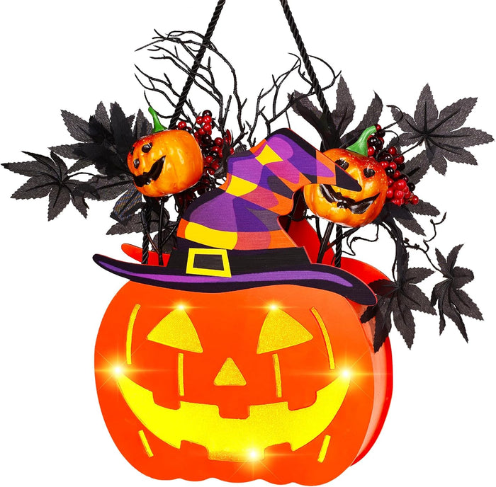 BlcTec Halloween Pumpkin Lights, 10 inch Lighted Big Halloween Wooden Pumpkin with Maple Leaves, Berries, Twigs, Witch's Hat, Battery Operated Lights with Timer for Halloween Decorations, Style A