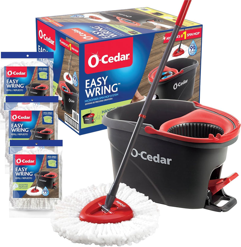 O-Cedar EasyWring Microfiber Spin Mop & Bucket Floor Cleaning System + 2 Extra Refills, Red/Gray