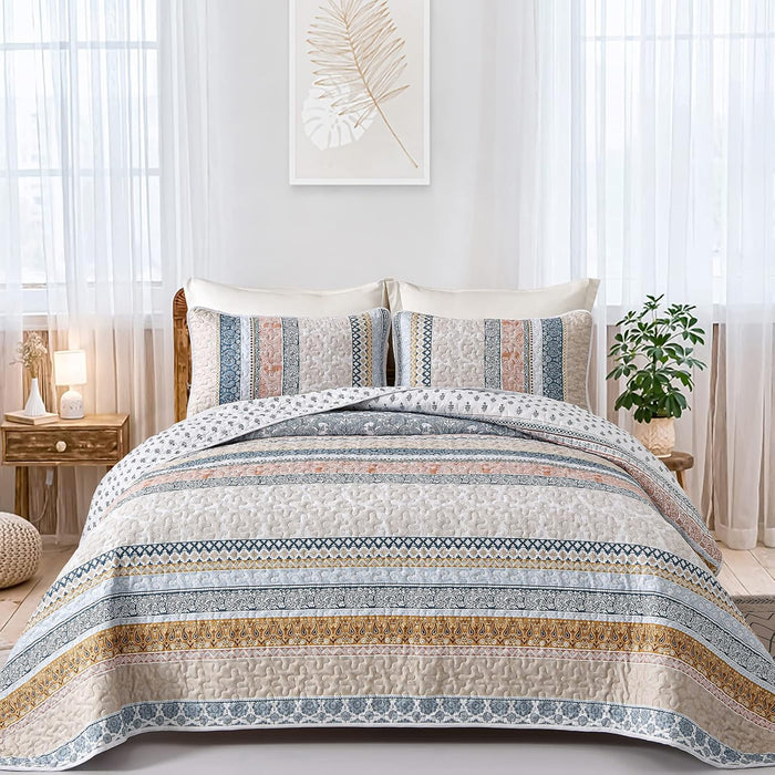 WONGS BEDDING Boho Quilt Set King Size, Navy Blue Bohemian 3 Pieces Quilt Sets, Lightweight Microfiber Bedspread Coverlet Bedding Set for All Season (104"x90")