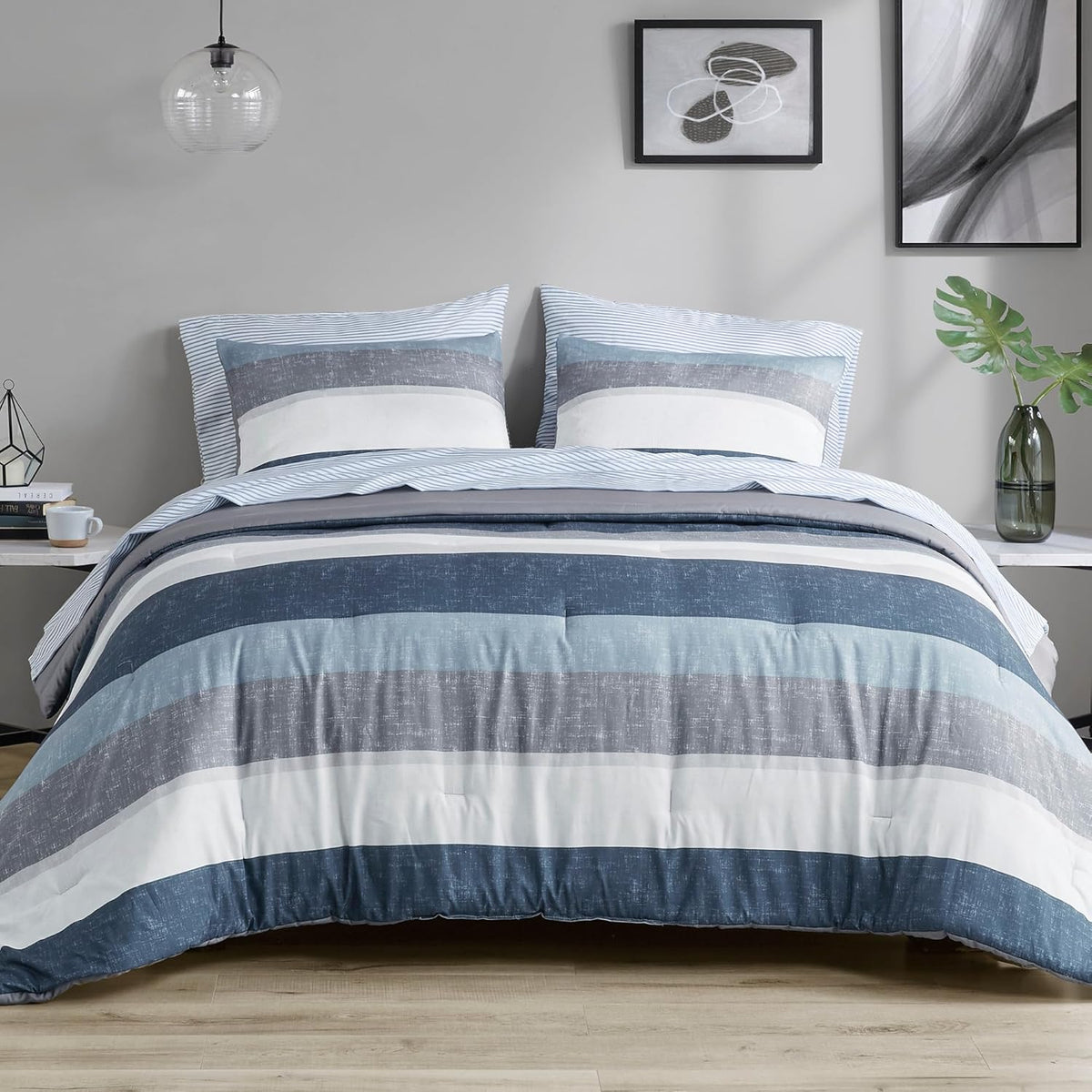 Madison Park Essentials King Comforter Set, Bed in A Bag Comforter & Sheet Set, Modern Casual Stripes Print, All Seasons, Soft Microfiber Bedding Makeover, Matching Shams, King Taupe/Grey 7 Piece