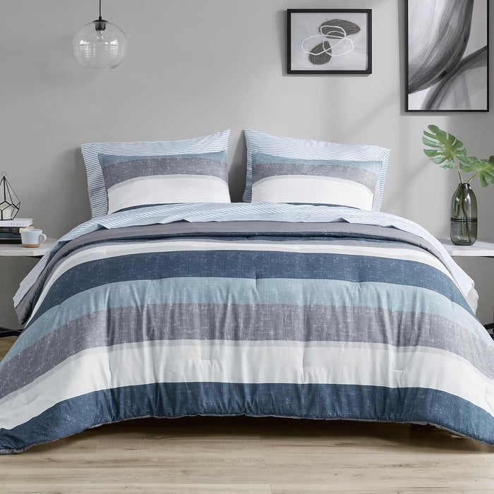 Madison Park Essentials King Comforter Set, Bed in A Bag Comforter & Sheet Set, Modern Casual Stripes Print, All Seasons, Soft Microfiber Bedding Makeover, Matching Shams, King Taupe/Grey 7 Piece