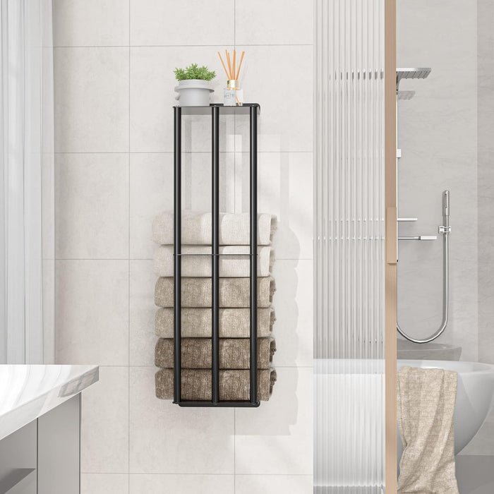 Towel Racks for Bathroom 31 Inch - Wall Mounted, Solid 2 Metal Shelves and 3 Vertical Bars, Can Holds 6 Large Rolled Bath Towels - for Modern Decor Bathroom Towel Storage (Matte Black)