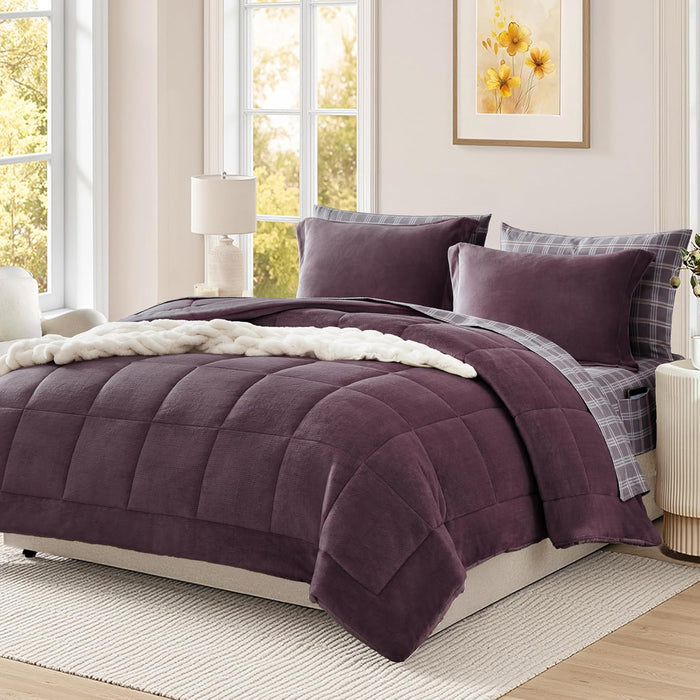 Plush Queen Comforter Set Light Taupe, Flannel Velvet Comforter Sets 7 Pieces Bed in a Bag, Soft Warm Winter Bedding Set with Sheets, Pillowcases & Shams