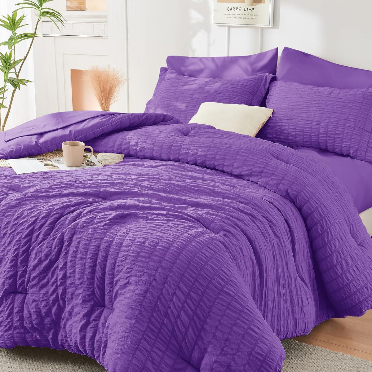 HYMOKEGE Beige Queen Comforter Set Seersucker 7 Pieces, All Season Luxury Bed in a Bag for Bedroom, Bedding Set with Comforters, Sheets, Pillowcases & Shams