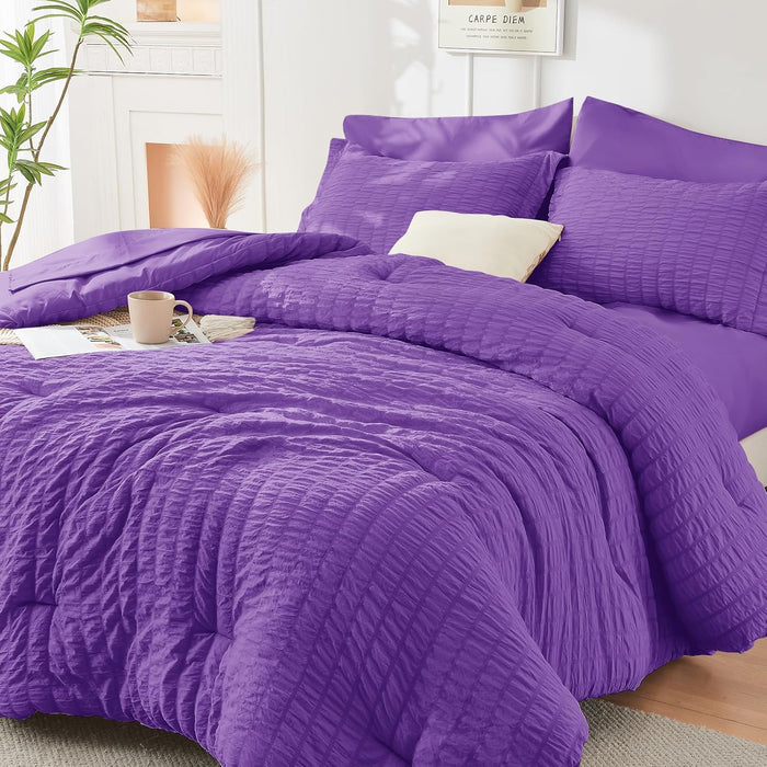 HYMOKEGE Beige Queen Comforter Set Seersucker 7 Pieces, All Season Luxury Bed in a Bag for Bedroom, Bedding Set with Comforters, Sheets, Pillowcases & Shams