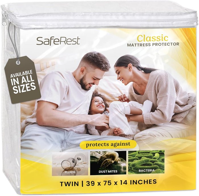 SafeRest Waterproof Queen Size Mattress Protector - Fitted with Stretchable Pockets - Machine Washable Cotton Mattress Cover for Bed
