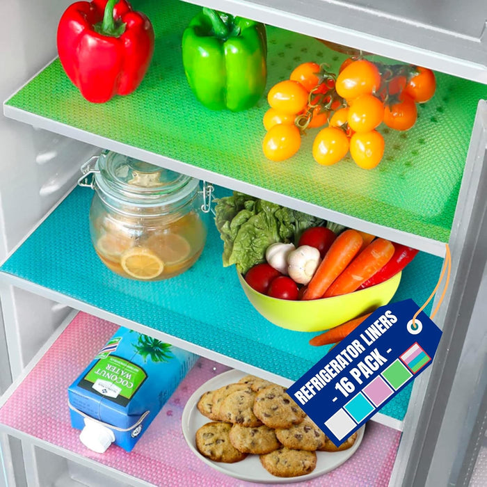 Refrigerator Liners for Shelves (12 Pack) by Linda’s Essentials - Non-Adhesive Shelf or Drawer Liner, BPA-Free Fridge Mats for Kitchen & Cabinets, Easy to Clean, Ideal Household Essentials (Blue)