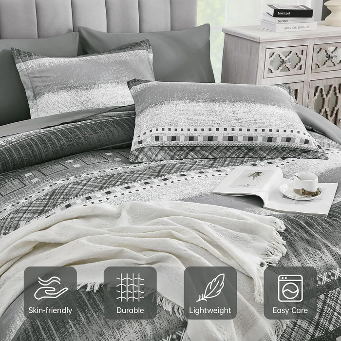 WONGS BEDDING 8 Piece Queen Size Comforter Set, Texture Striped Bed in a Bag Grey Comforter and Sheet Set, Boho Lightweight Microfiber Bedding Set for All Season (90"×90")