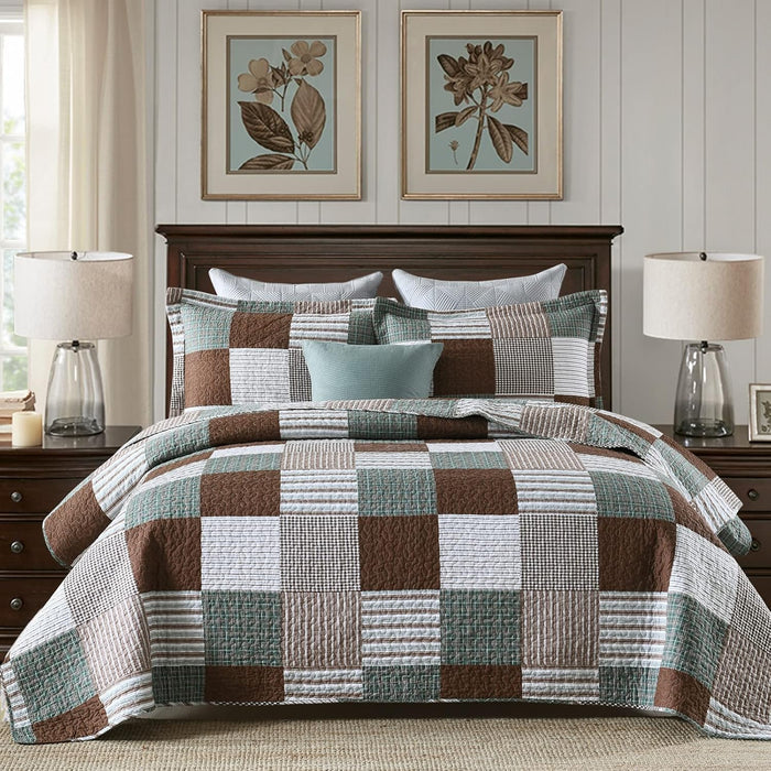 Finlonte Quilts Queen Size - 100% Cotton Queen Comforter Set Green Moonbeam White Plaid Farmhouse Quilt Bedding Set, Reversible Lightweight Soft Bedspread, Quilted Coverlet All-Season, 3-Piece