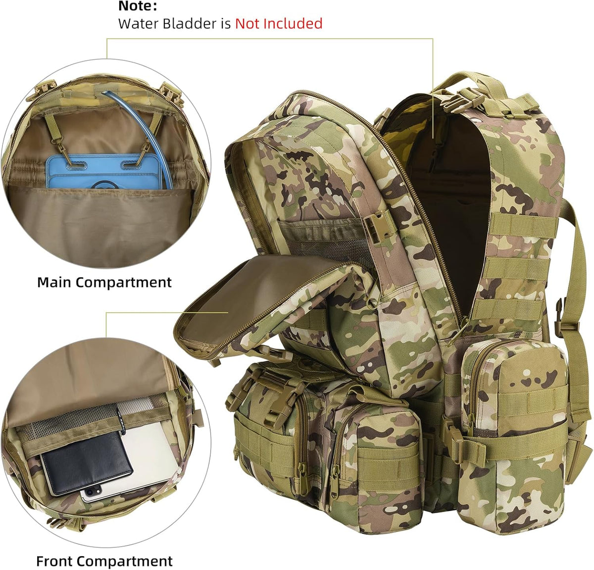 60L Tactical Military Backpack Large Capacity Army Rucksack with Detachable Molle Pouches for Men and Women (Camo, Large)