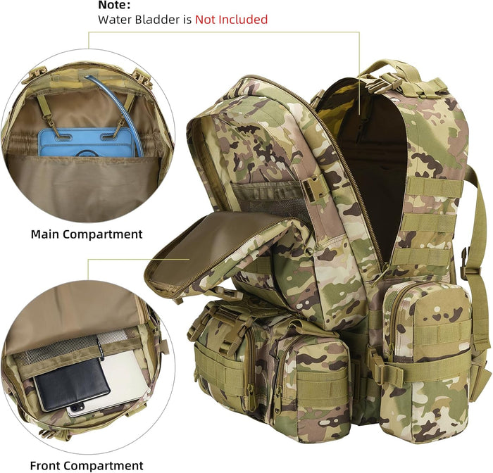 60L Tactical Military Backpack Large Capacity Army Rucksack with Detachable Molle Pouches for Men and Women (Camo, Large)