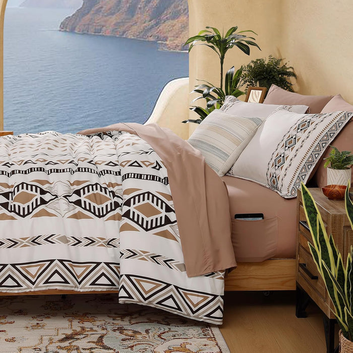 CASAAGUSTO King Size Comforter Set, 7 PCS Boho Comforter King Size, Bohemian Striped Bed in A Bag King, Soft Bedding Set for All Seasons(Brown,102"X90")