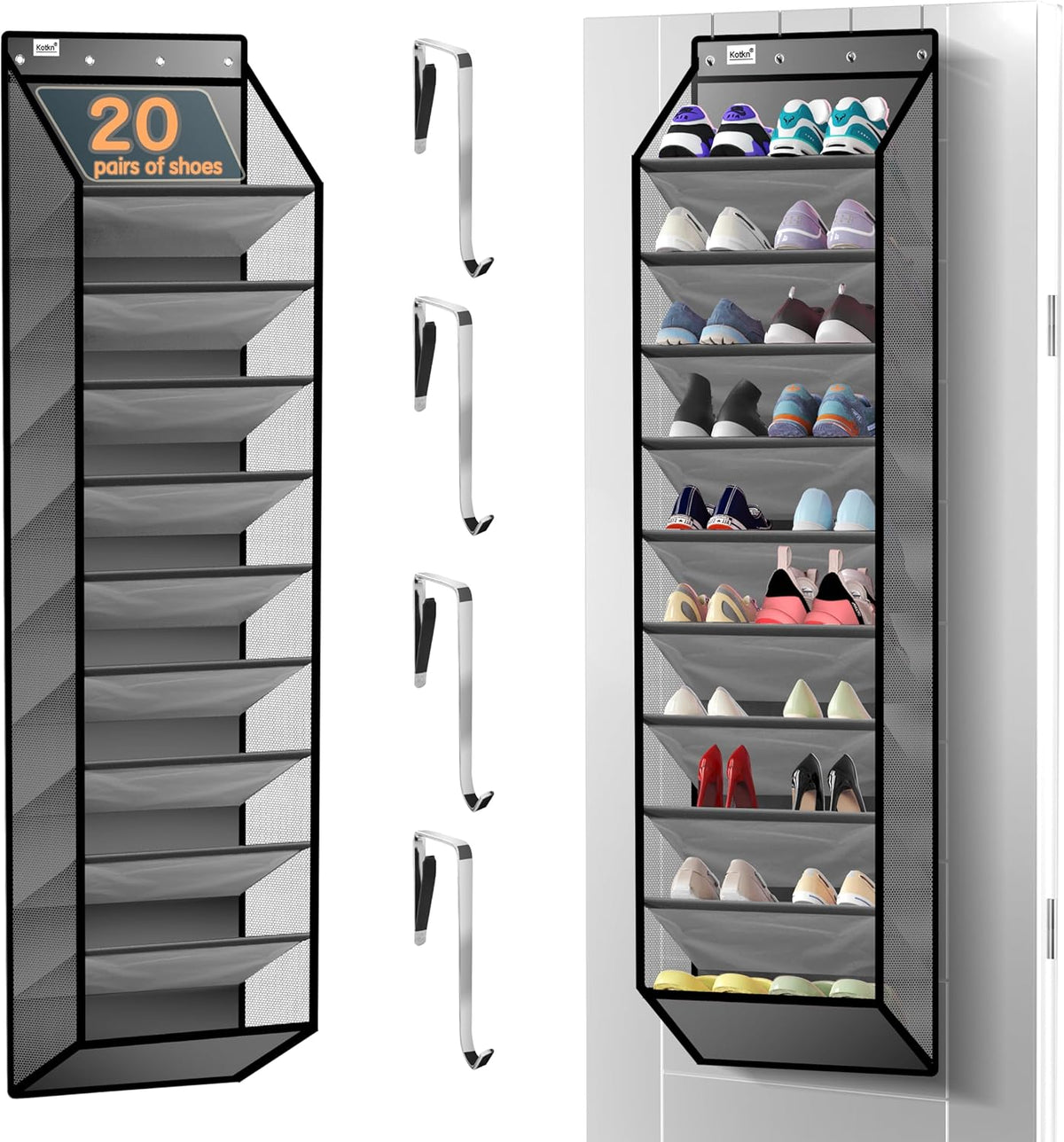 10 Tier Over The Door Organizer - Heavy Duty Hanging Storage Rack with Sturdy Oxford Fabric, Holds 20+ Pairs of Footwear, Boots & Sneakers, Saves 50% Closet Space (Black)
