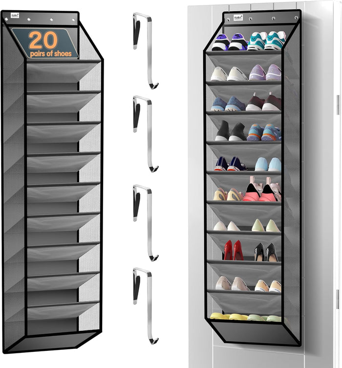 10 Tier Over The Door Organizer - Heavy Duty Hanging Storage Rack with Sturdy Oxford Fabric, Holds 20+ Pairs of Footwear, Boots & Sneakers, Saves 50% Closet Space (Black)