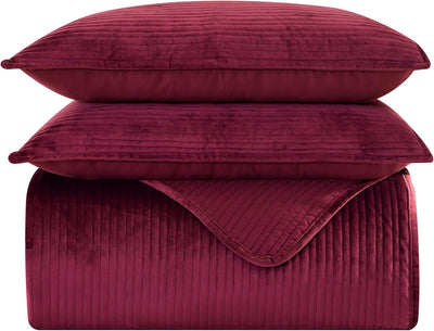 Elegant Comfort Luxury 3-Piece Velvet Corduroy Stripe Quilt Set, Ultra Soft Bedspread - Cozy Velvet Coverlet Set - 3PC Medium Weight Quilted Set with Matching Pillow Shams, California King, Burgundy