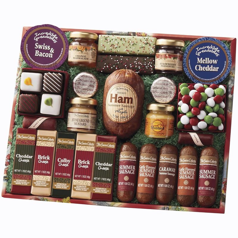 The Swiss Colony 25 Holiday Favorites - Sausage Meats, Cheese Blocks, and Spreadables, Sweet and Savory Treats & Christmas Petits Fours - Chocolate & Swiss Creme Gourmet Mini Layer Cakes Pack of 24