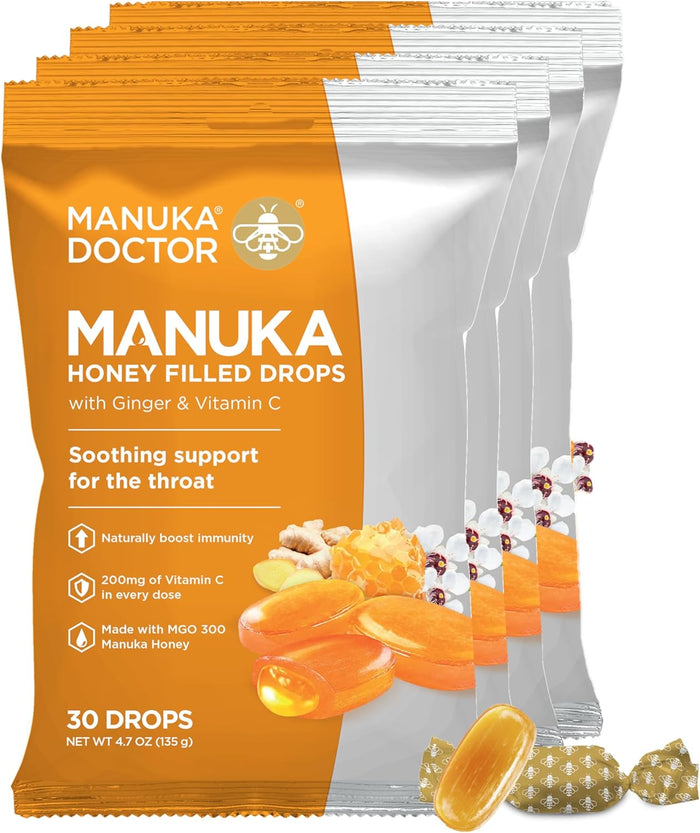 Manuka Doctor Cough Drops, Manuka Middles, 30 Drops (Pack of 1) Bag Throat Lozenges Infused with Raw Manuka Honey, Vitamin C & Ginger for Immune Support, Helps Soothe Sore Throat