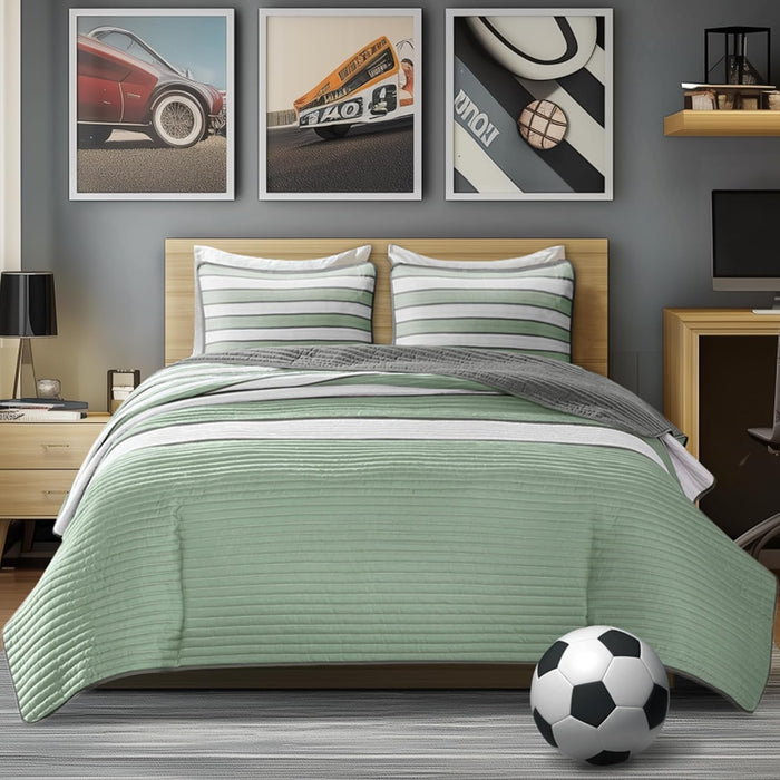 Comfort Spaces Quilt Set Trendy Casual Fun, Vibrant Color Design, Hypoallergenic All Season, Lightweight Coverlet Bedspread Cozy Kids Bedding & Sham Full/Queen Verone White Blue Stripe 3 Piece