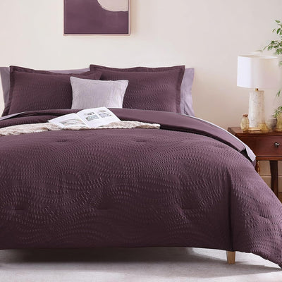 Geniospin Queen Comforter Set - 7 Pieces Purple Bedding Set, Botanical Textured Fall Comforter Set, All Season Comfortable Bed in a Bag with Comforter, Sheets, Pillowcases & Shams
