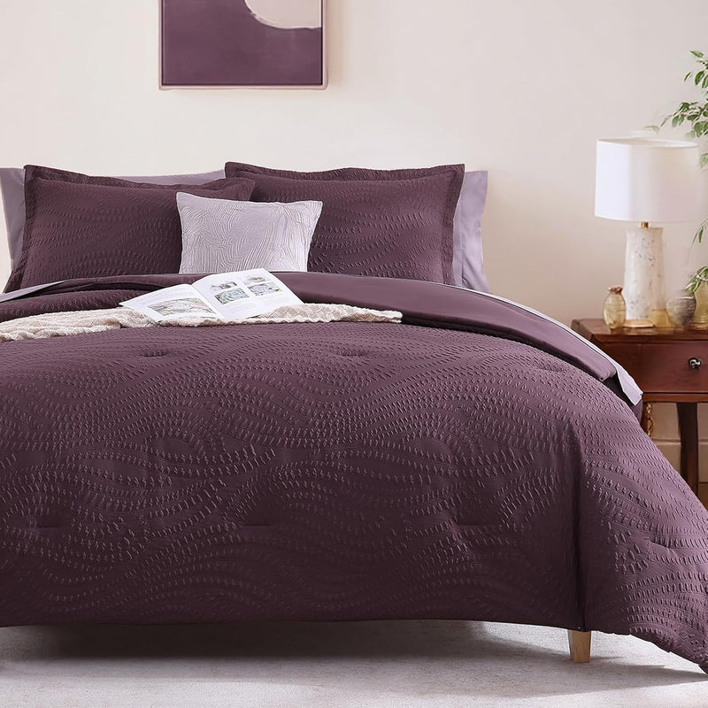 Geniospin Queen Comforter Set - 7 Pieces Brown Textured Queen Bedding Sets with Comforter, Sheets, Pillowcases & Shams，All Season Brown Bedding