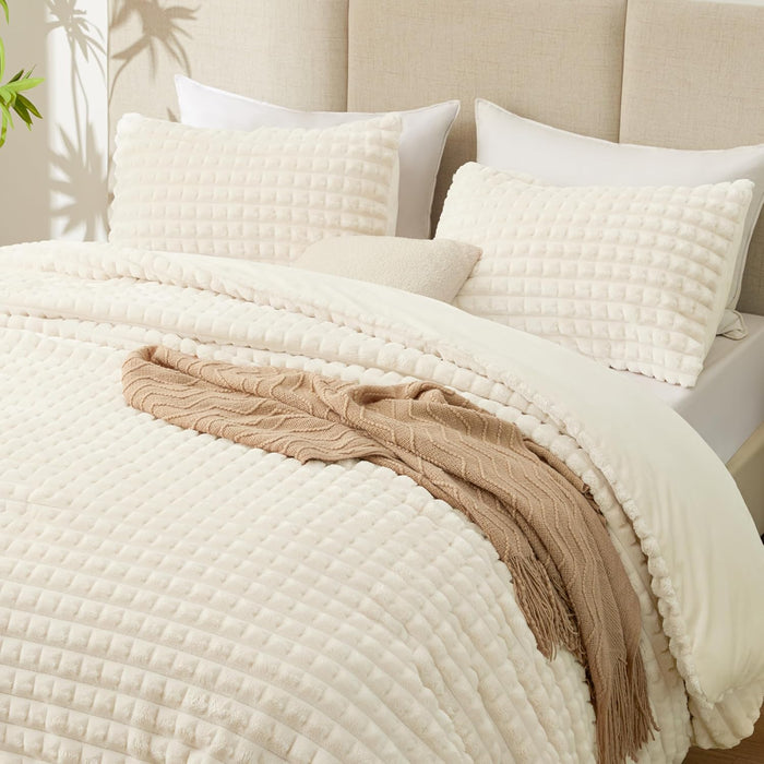 EXQ Home Fluffy Comforter Set Full Size - Super Soft Faux Fur Stripe Jacquard Comforter 3 Pieces, Grey Fleece Bedding Set,Winter Warm Bed Set,1 Comforter with 2 Pillowcases